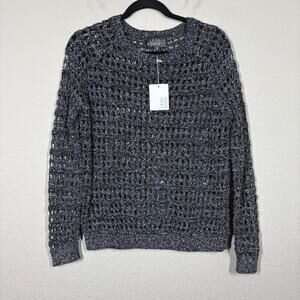 Leo & Sage Size Small Crochet Open Knit Sweater Black Cotton Blend Long Sleeves